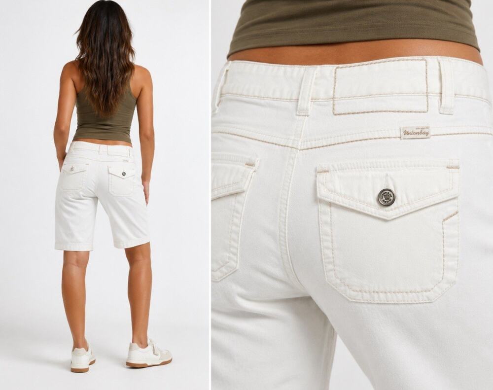 Y2K Indie Sleaze 2000s Unionbay Bermuda Shorts Sz 13 White Cargo Pocket Stretch